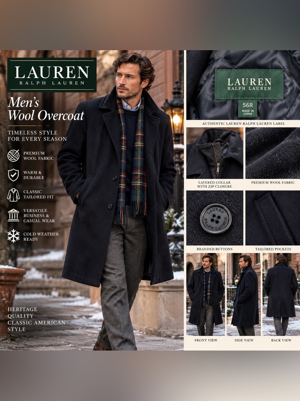 Lauren Ralph Lauren Men's Wool Overcoat Black Wool Pea Coat Size 56R